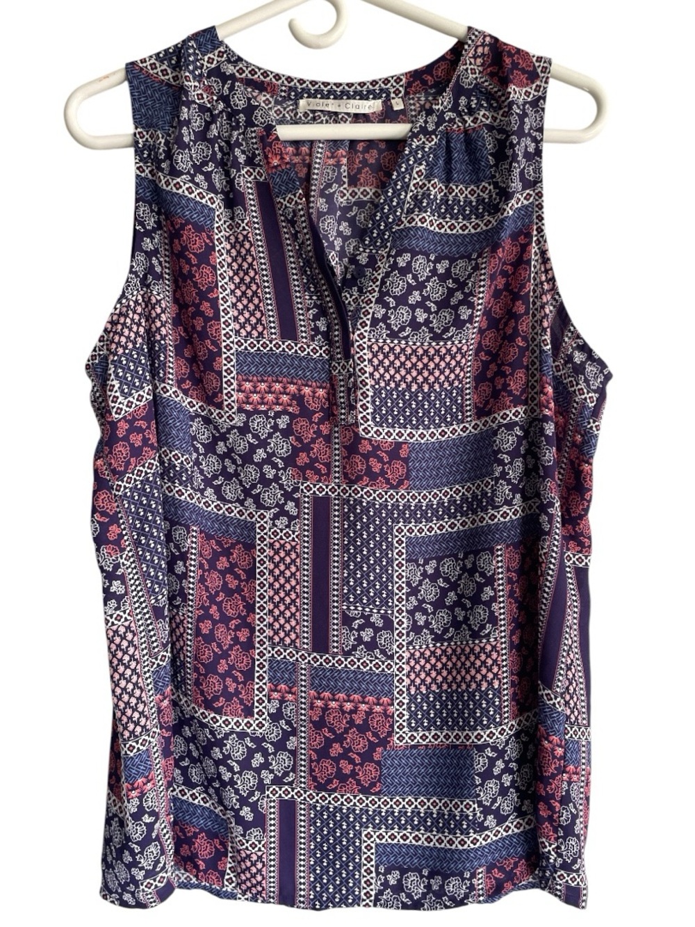 Violet & Claire Sleeveless Patchwork Print Top - Navy & Pink